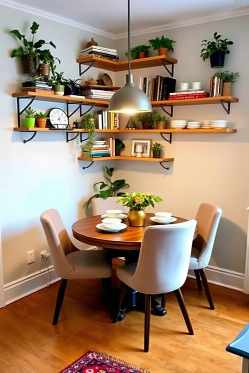 A cozy small dining room featuring wall shelves that combine decorative and functional elements. The shelves are adorned with a mix of plants, books, and stylish dinnerware, creating a warm and inviting atmosphere. The dining table is a round wooden piece surrounded by upholstered chairs in a soft fabric. A pendant light hangs above the table, casting a gentle glow over the space, while a colorful rug anchors the room.