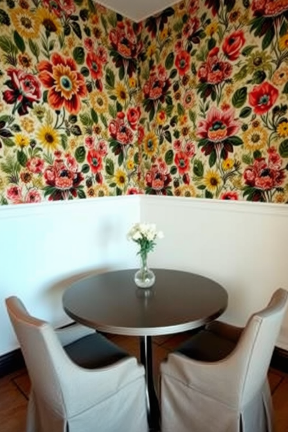 A small dining room featuring an accent wall adorned with bold floral wallpaper that adds a vibrant touch to the space. The dining table is a sleek round design surrounded by upholstered chairs in a complementary color, creating an inviting atmosphere for meals.