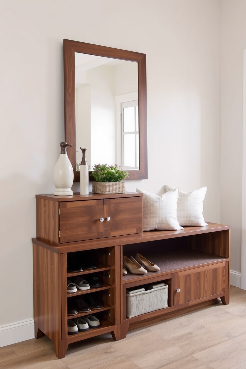 A stylish multi-functional entryway cabinet features a sleek design with built-in seating. The cabinet is finished in a warm wood tone, providing ample storage for shoes and accessories while the seating area is adorned with plush cushions in a coordinating fabric. The walls are painted in a soft neutral color to create an inviting atmosphere. To enhance the space, a large mirror hangs above the cabinet, reflecting light and making the entryway feel larger and more open.