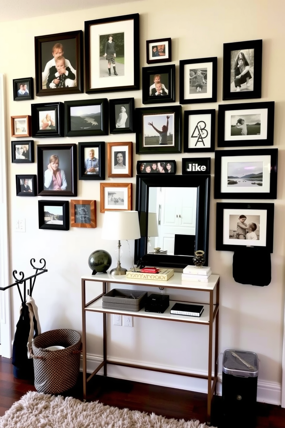 A gallery wall features an eclectic mix of family photos and art pieces arranged in a visually pleasing manner. The frames vary in size and style, creating a dynamic and personalized display that welcomes guests. The small entryway is designed with a sleek console table topped with decorative items and a stylish mirror above it. A plush area rug defines the space, while a coat rack and shoe storage provide functionality without sacrificing aesthetics.