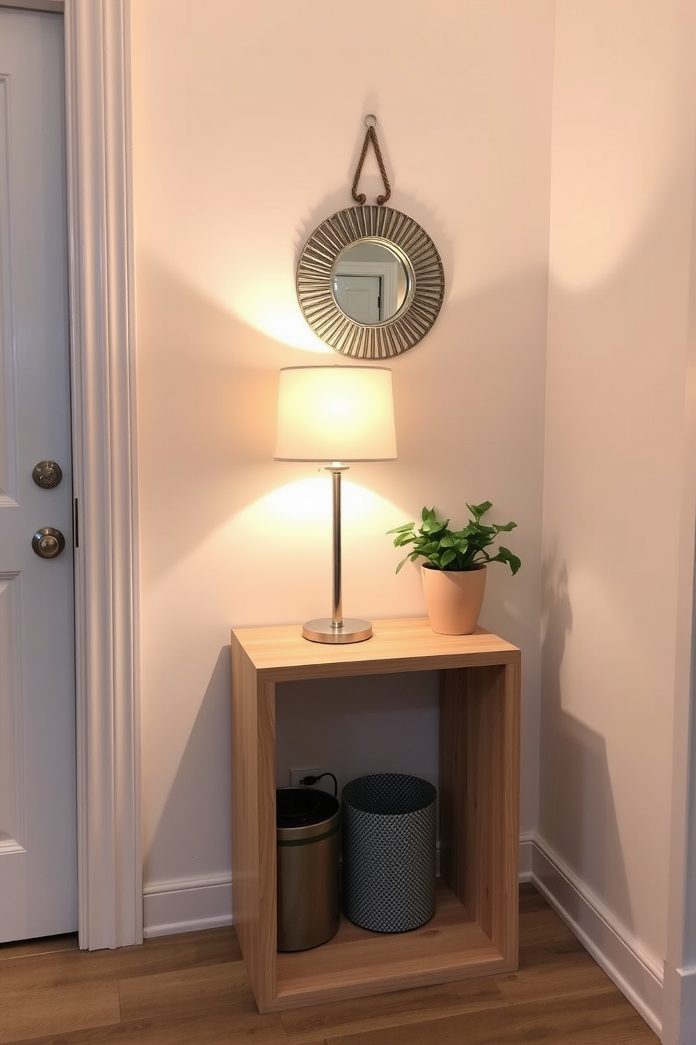 A charming small entryway featuring a sleek side table made of light wood. On top of the table, a stylish lamp provides warm lighting, enhancing the cozy atmosphere of the space. The walls are painted in a soft pastel hue, creating an inviting backdrop. A small decorative mirror hangs above the table, adding depth and functionality to the entryway.