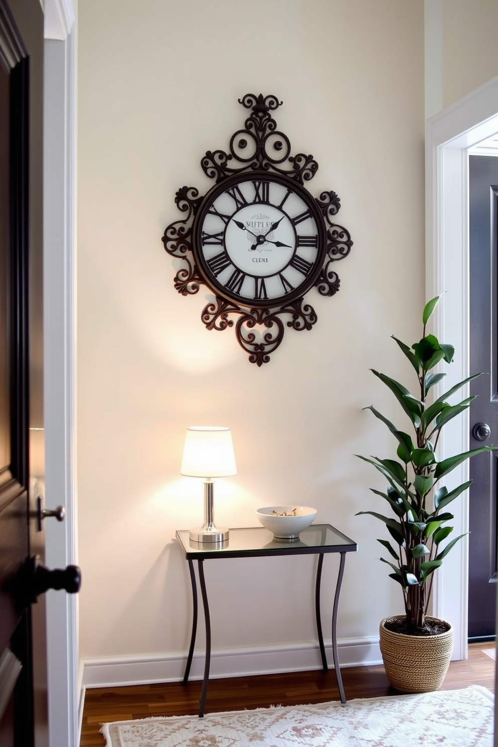 A decorative wall clock with intricate detailing is mounted on the wall, enhancing the entryway's character. Below the clock, a small console table is adorned with a stylish lamp and a bowl for keys, creating a welcoming atmosphere. The entryway features a soft area rug that adds warmth and texture to the space. A potted plant in the corner brings a touch of nature, complementing the overall design.