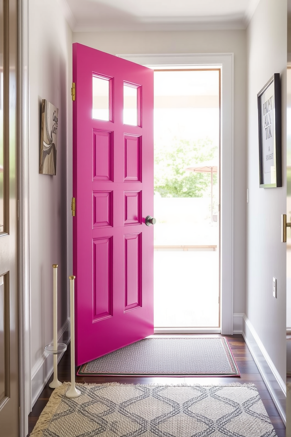 A brightly colored door stands as a focal point in a small entryway, inviting guests with its vibrant hue. The space features a minimalist console table adorned with a decorative bowl and a small potted plant, enhancing the cheerful atmosphere.