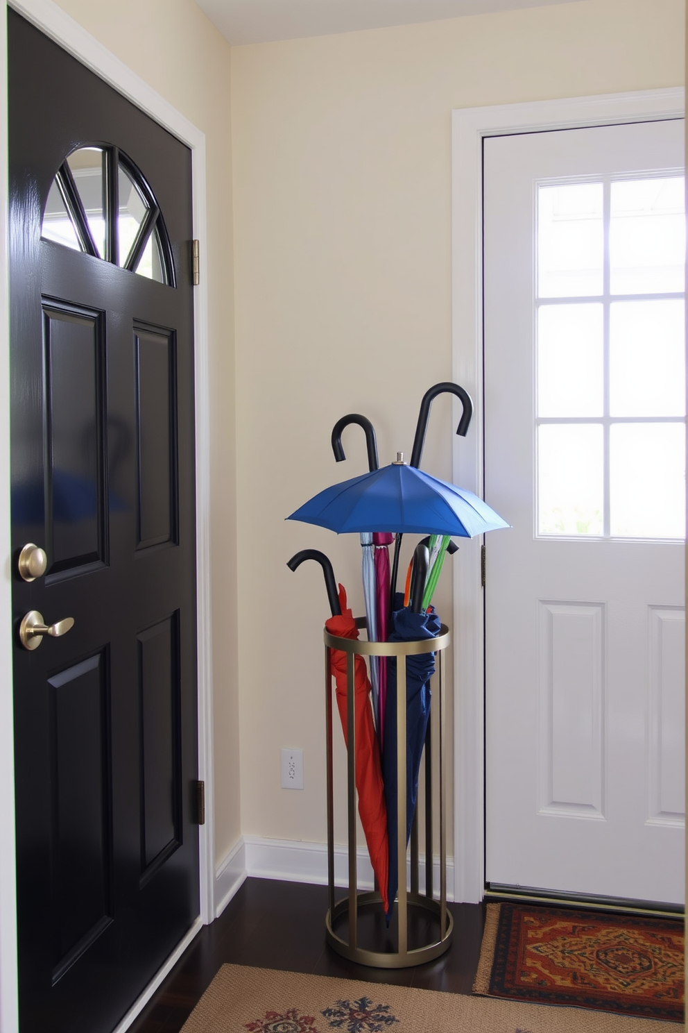 A small entryway features a cleverly placed umbrella stand near the door. The stand is made of brushed metal and holds several colorful umbrellas, adding a pop of color to the space.