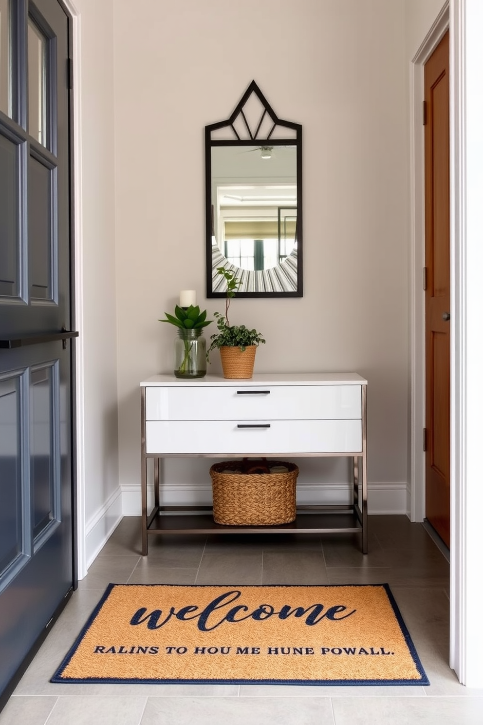 A personalized welcome mat greets guests at the entrance, featuring a custom design that reflects the homeowner's style. The small entryway is adorned with a sleek console table, topped with a decorative mirror and a small potted plant for a touch of greenery.