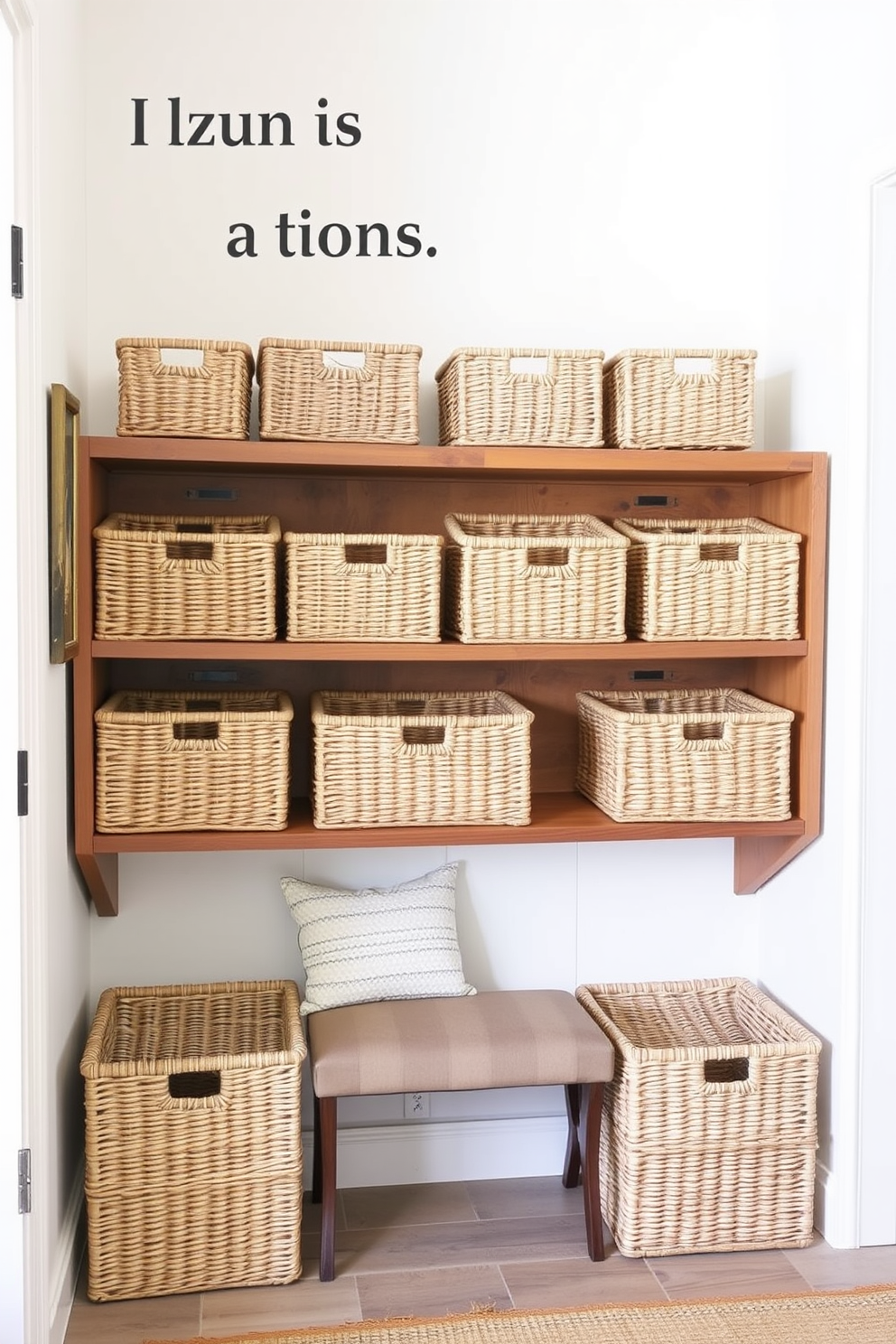 A small entryway featuring woven baskets for organized storage solutions. The baskets are neatly arranged on a wooden shelf, adding texture and warmth to the space. The walls are painted in a soft pastel hue, creating a welcoming atmosphere. A small bench sits below a mirror, providing a functional yet stylish touch to the entryway.