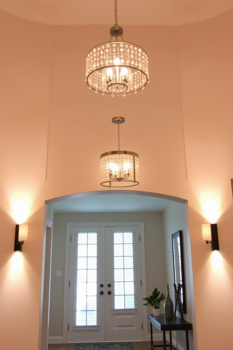 A warm and inviting entryway features a stunning chandelier that casts a soft glow over the space. Flanking the entrance are two stylish sconces that provide additional lighting and enhance the overall ambiance. The walls are painted in a soft cream color, creating a bright and airy feel. A sleek console table sits against one wall, adorned with decorative items and a small potted plant.