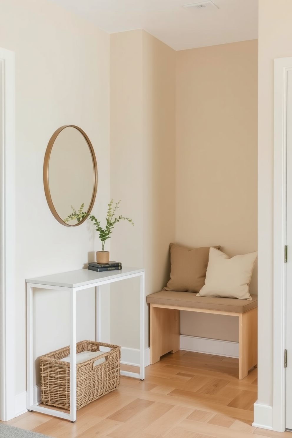 A serene entryway featuring soft beige walls and a light wood floor creates a welcoming atmosphere. A minimalist console table with a sleek design sits against the wall, adorned with a small potted plant and a decorative mirror above it. To the side, a cozy bench with plush cushions in muted tones provides a comfortable spot to sit. A woven basket underneath the bench offers stylish storage for shoes and accessories, enhancing the functional yet aesthetic appeal of the space.