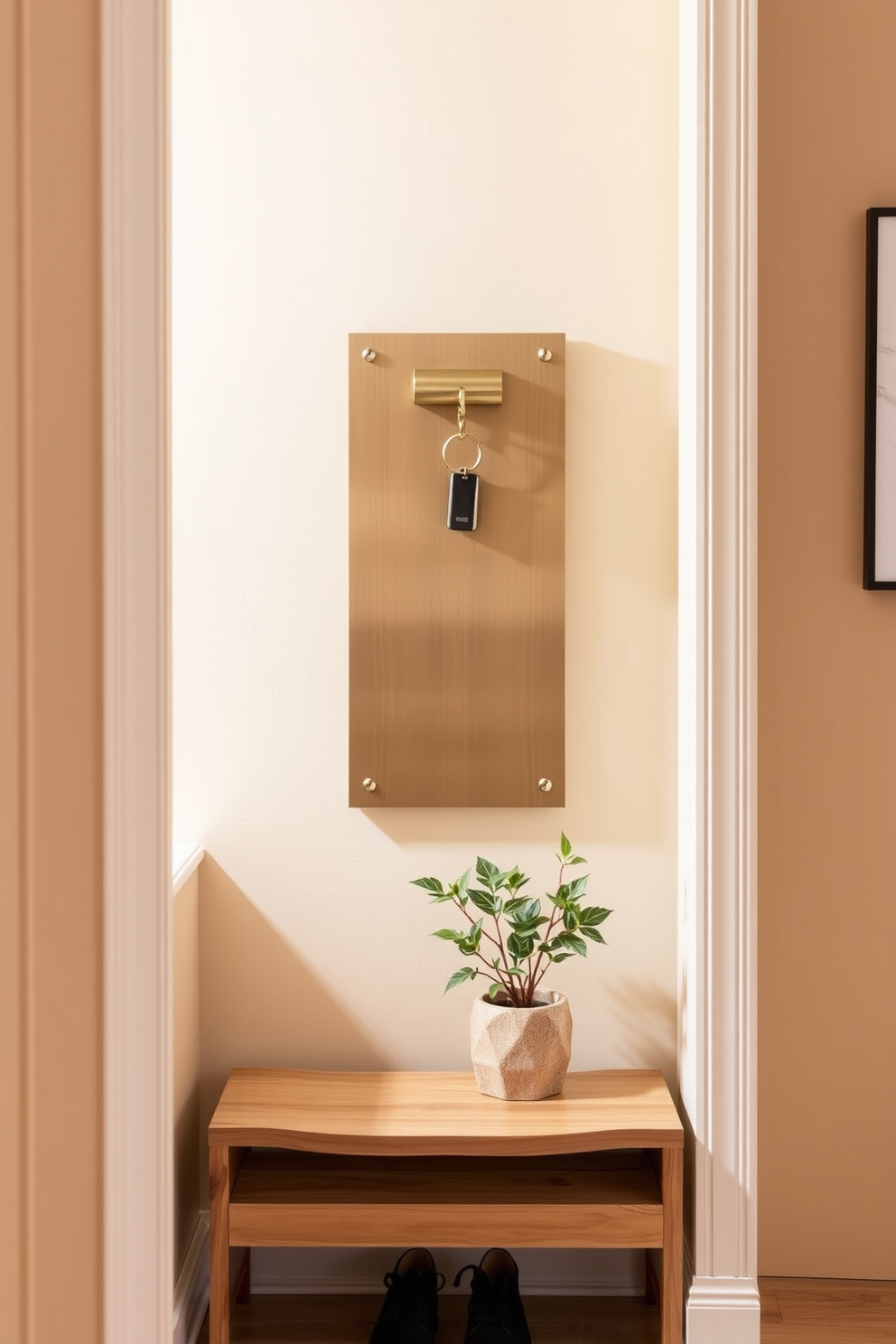 A stylish key holder is mounted on the wall near the entrance, featuring a sleek design in brushed brass. Below it, a small wooden bench offers a convenient spot to sit while removing shoes, enhancing the entryway's functionality. The walls are painted in a soft beige tone, creating a warm and inviting atmosphere. A decorative potted plant sits in the corner, adding a touch of greenery and freshness to the small entryway.