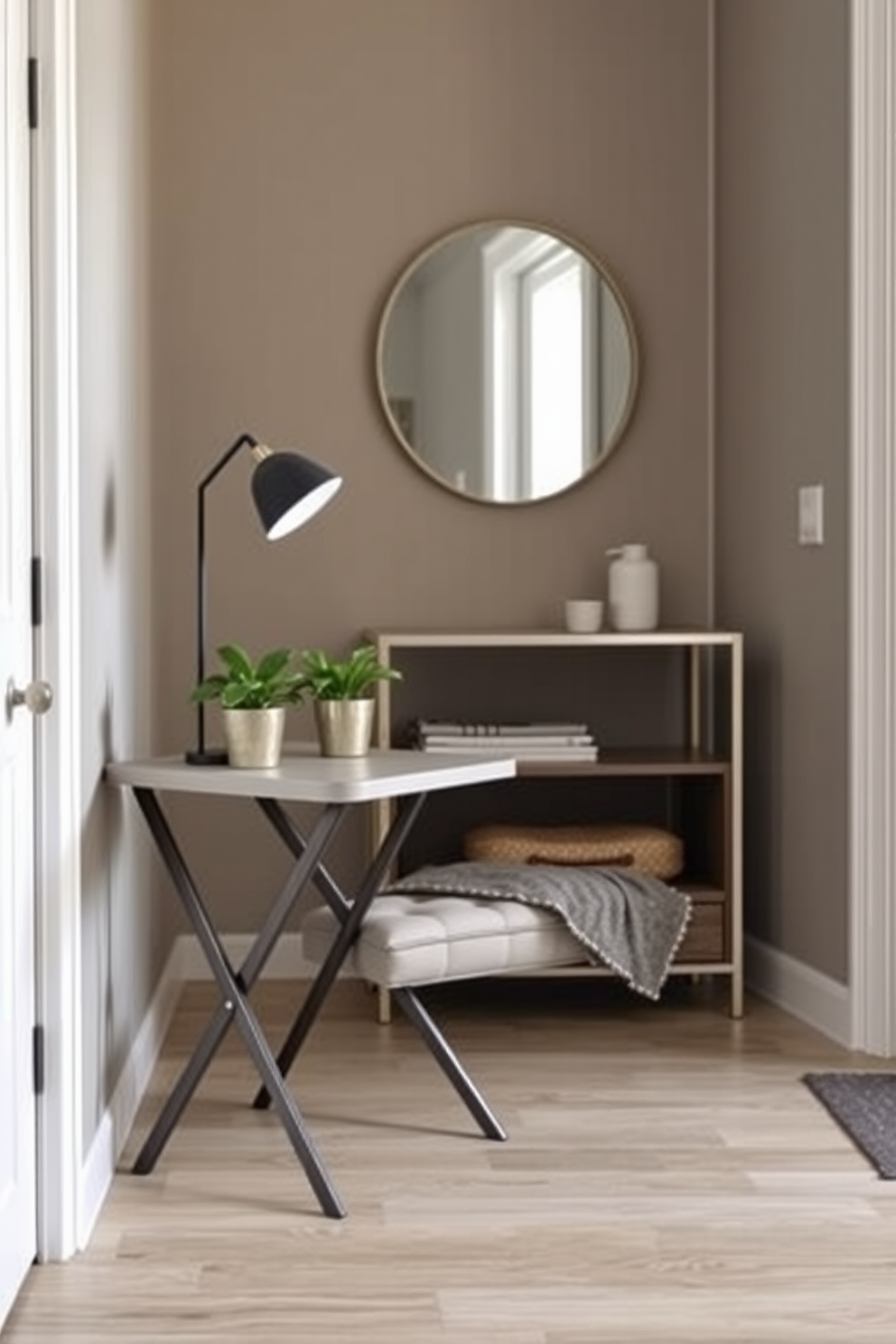 A compact foldable table is placed against the wall, offering a versatile space-saving solution. The table is adorned with a small potted plant and a stylish lamp, creating an inviting atmosphere. The entryway features a sleek console table with a mirror above it, enhancing the sense of space. A cozy bench with storage underneath provides a practical yet stylish seating option for putting on shoes.