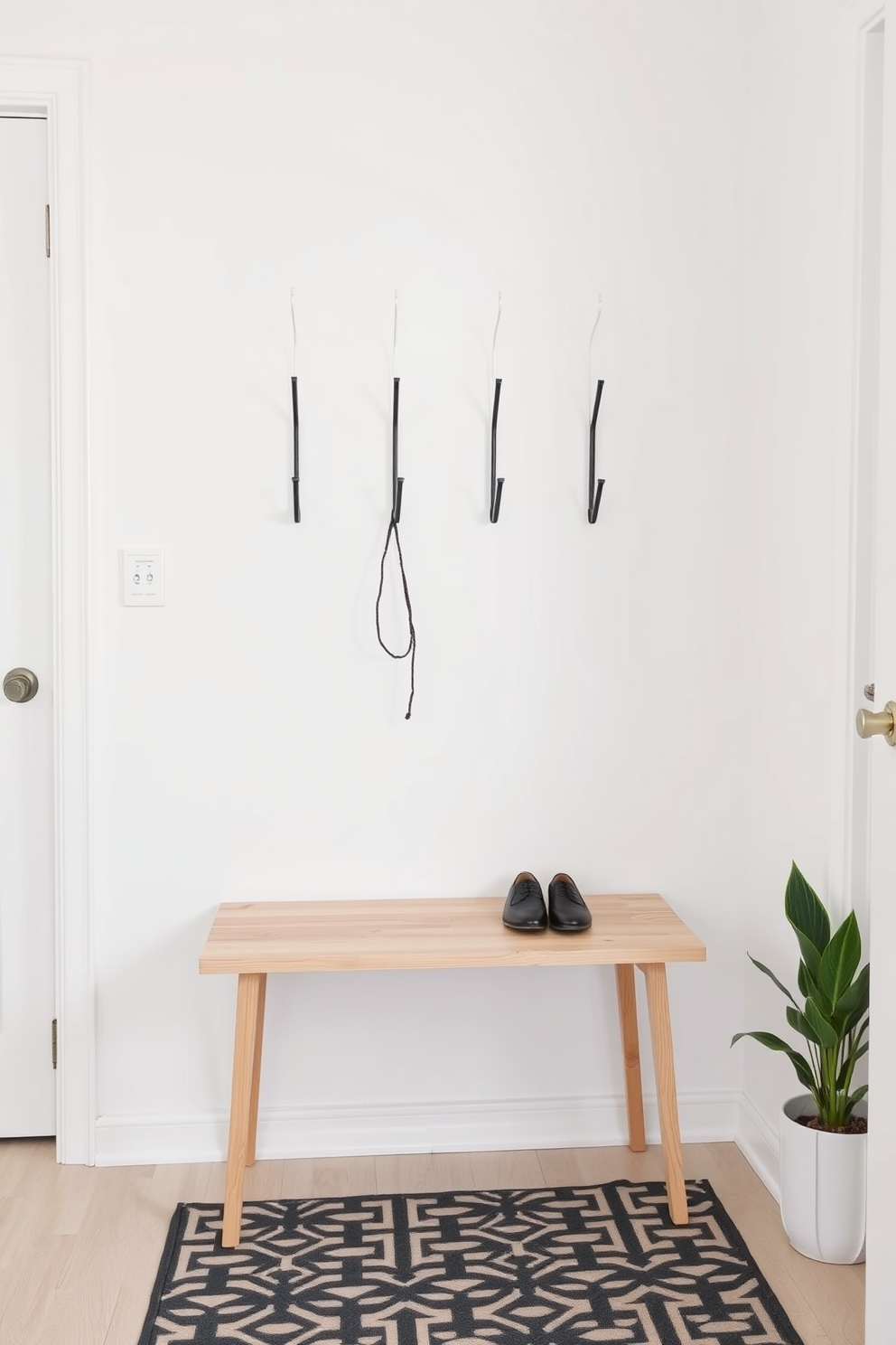 Sleek modern hooks are mounted on a clean white wall, providing a functional yet stylish solution for a small entryway. Beneath the hooks, a minimalist bench with a light wood finish offers a place to sit while putting on shoes, enhancing the contemporary aesthetic. The floor is adorned with a geometric patterned rug that adds texture and warmth to the space. A small potted plant sits in the corner, bringing a touch of greenery and life to the entryway.