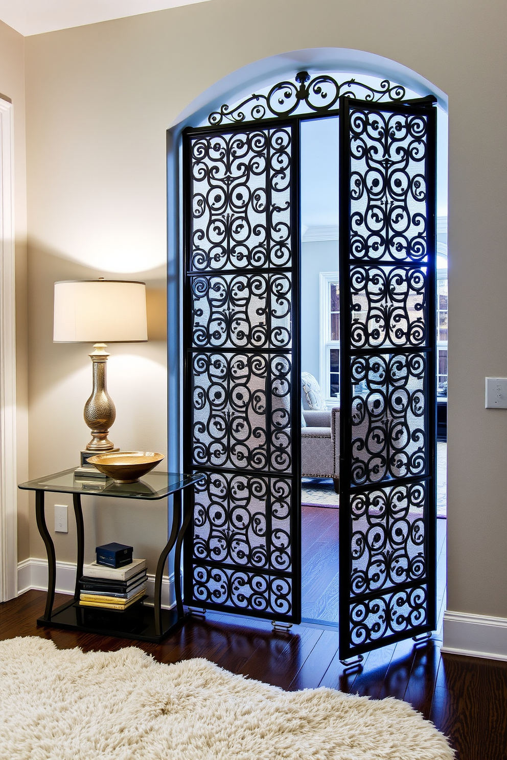 A decorative screen stands elegantly at the entrance, creating a stylish separation from the main living area. The screen features intricate patterns that add visual interest and a touch of sophistication to the space. The entryway is adorned with a small console table topped with a chic lamp and a decorative bowl. A plush rug lies beneath, providing warmth and inviting guests into the home.