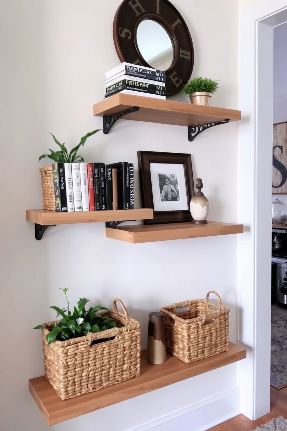 A small entryway features floating shelves on the wall, providing decorative storage options for books and plants. The shelves are made of light wood and are adorned with stylish baskets and a small sculpture for added charm.