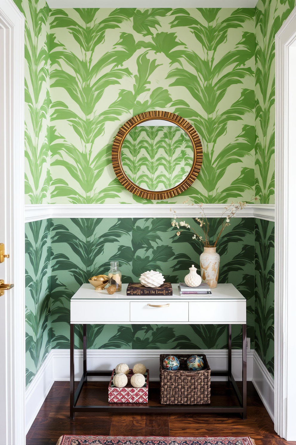 A small entryway featuring bold wallpaper that creates a striking focal point. The space includes a sleek console table adorned with decorative items and a stylish mirror above it.