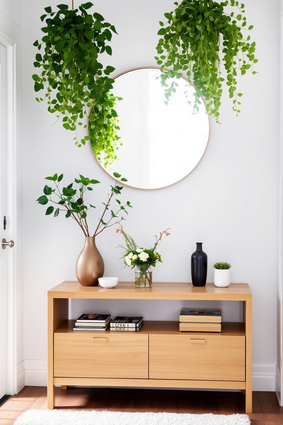 A charming small entryway featuring a sleek console table made of light wood. Above the table, a round mirror reflects natural light, creating an inviting atmosphere. On the console table, a collection of decorative items including a small vase with fresh flowers adds a personal touch. Hanging from the ceiling are lush green plants, bringing a vibrant pop of color and life to the space.