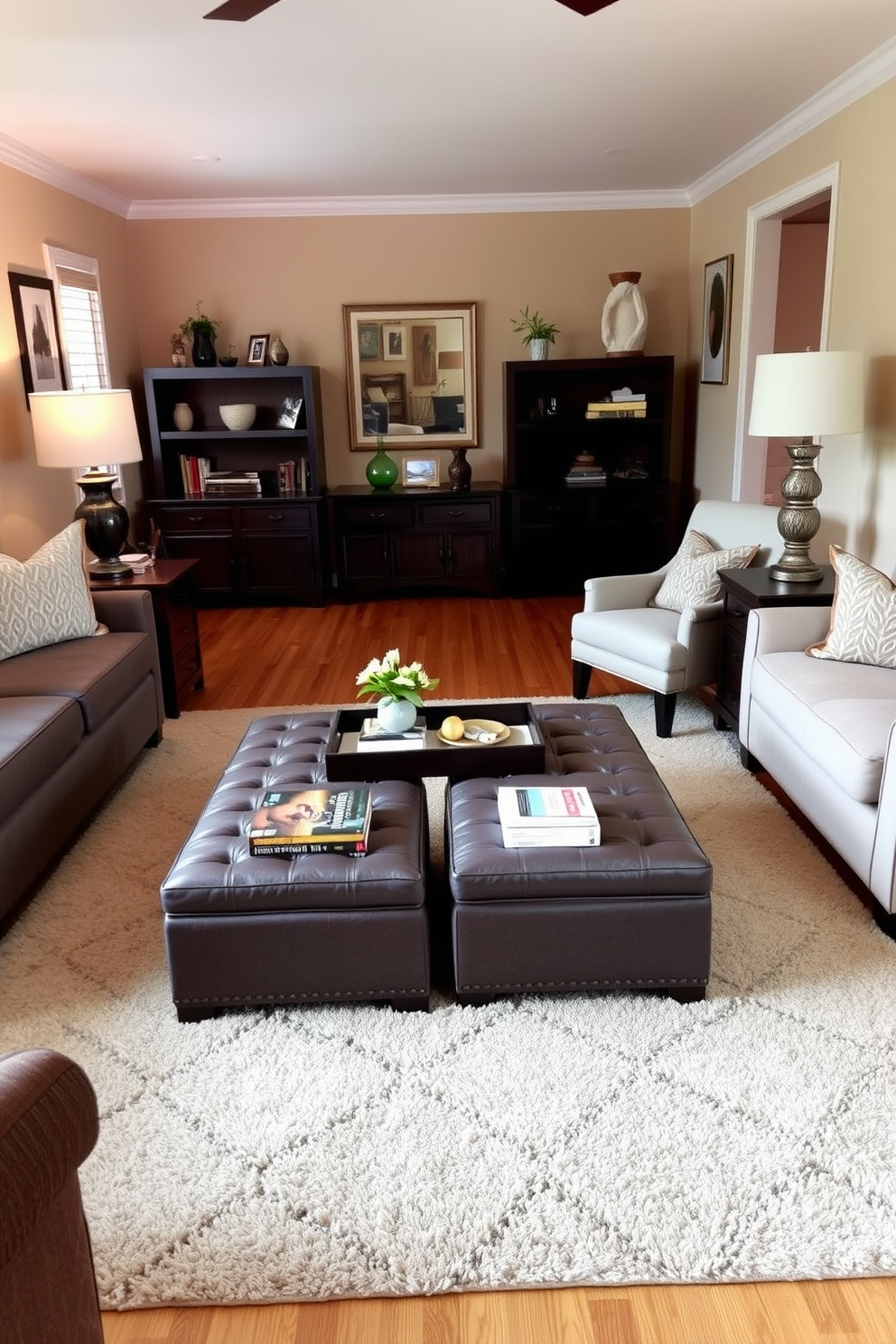 A cozy small family room featuring ottomans used as both coffee tables and storage solutions. The space is adorned with a soft area rug that complements the warm color palette of the walls and furniture. In the center, a pair of stylish ottomans are placed, topped with a decorative tray and books. Surrounding them are comfortable seating options, including a plush sofa and accent chairs, creating an inviting atmosphere for family gatherings.