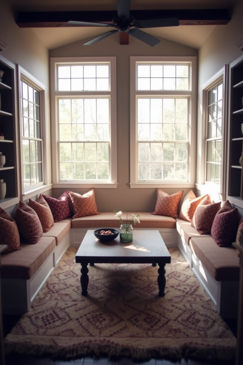 A cozy small family room features built-in benches along the walls, providing additional seating while maximizing space. The benches are upholstered in soft fabric, complemented by colorful throw pillows that add warmth and comfort to the room. Natural light floods the space through large windows, enhancing the inviting atmosphere. A low coffee table sits in the center, surrounded by a plush area rug that ties the design together.