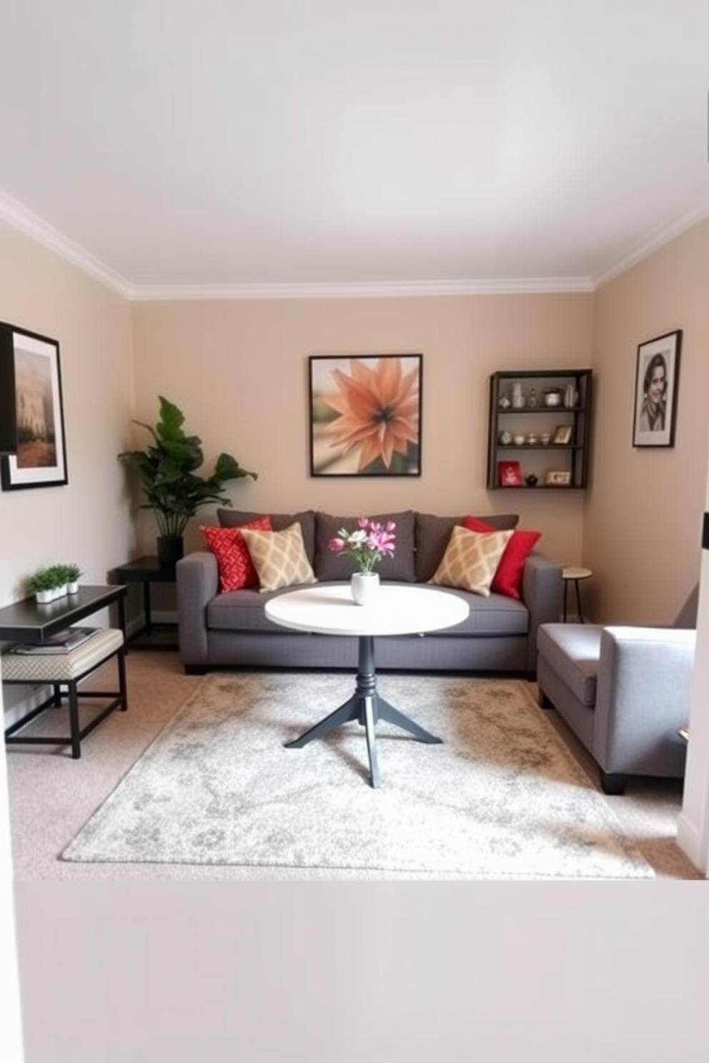 A cozy small family room featuring a round table at the center to facilitate easy movement. The walls are painted in a soft beige, complemented by a plush gray sofa and colorful throw pillows for warmth.