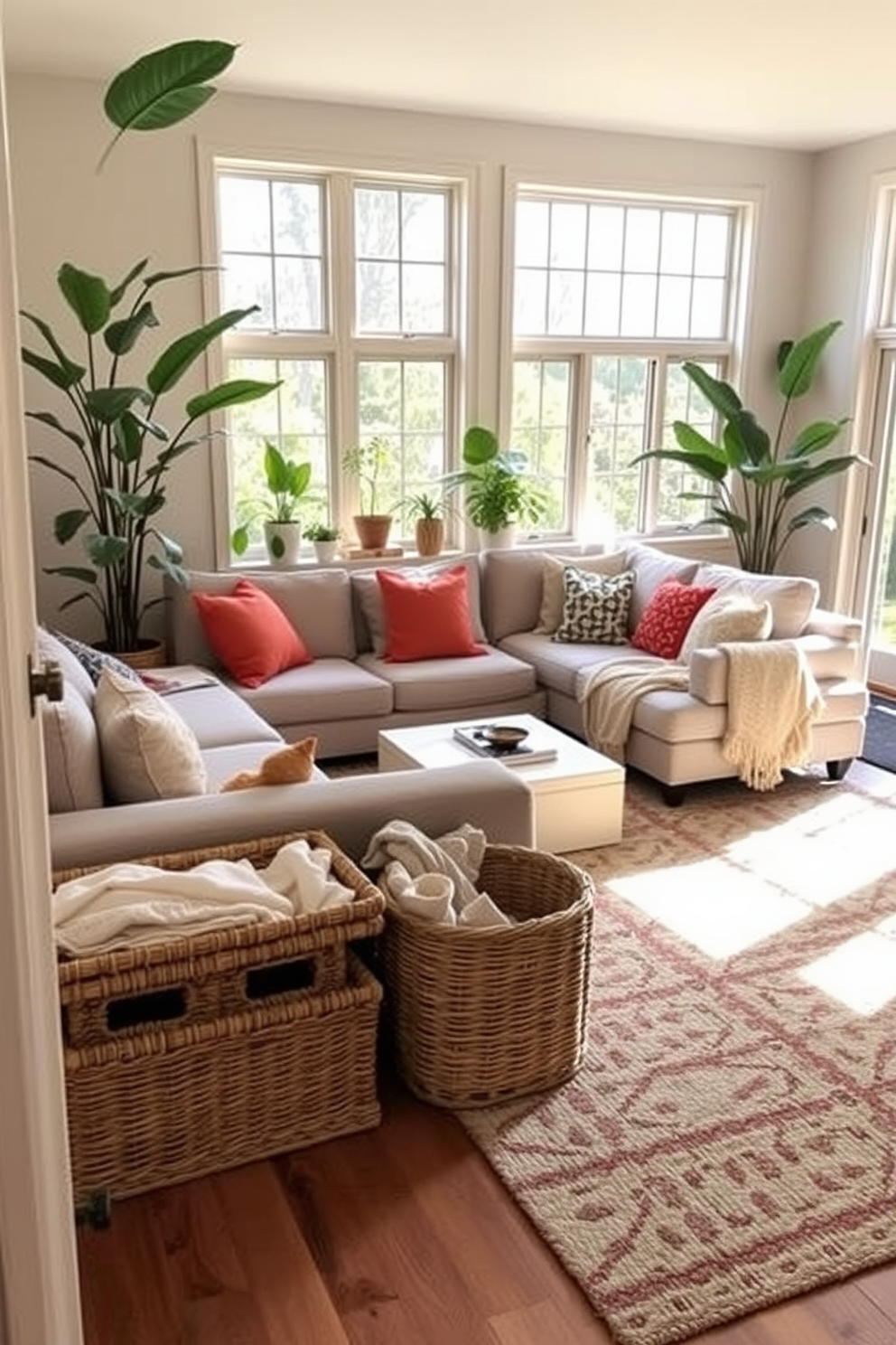 A cozy small family room featuring stylish storage baskets that blend seamlessly with the decor. The room includes a comfortable sectional sofa in soft gray, accented with colorful throw pillows, and a large area rug that adds warmth to the space. In one corner, a set of woven storage baskets is neatly arranged, providing a practical yet attractive solution for organizing toys and blankets. Natural light floods the room through large windows, enhancing the inviting atmosphere with plants strategically placed for a touch of greenery.