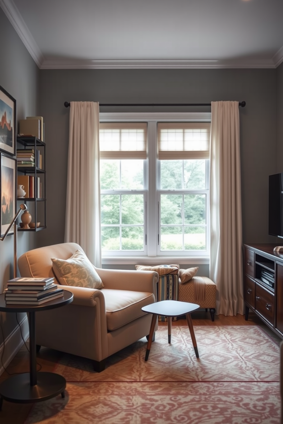 Create a cozy reading nook featuring a plush armchair in a soft fabric. A small side table holds a stack of books and a warm lamp, providing a perfect spot for relaxation. Design a small family room that maximizes comfort and functionality. Incorporate a sectional sofa, a coffee table, and a media console, ensuring a welcoming atmosphere for family gatherings.