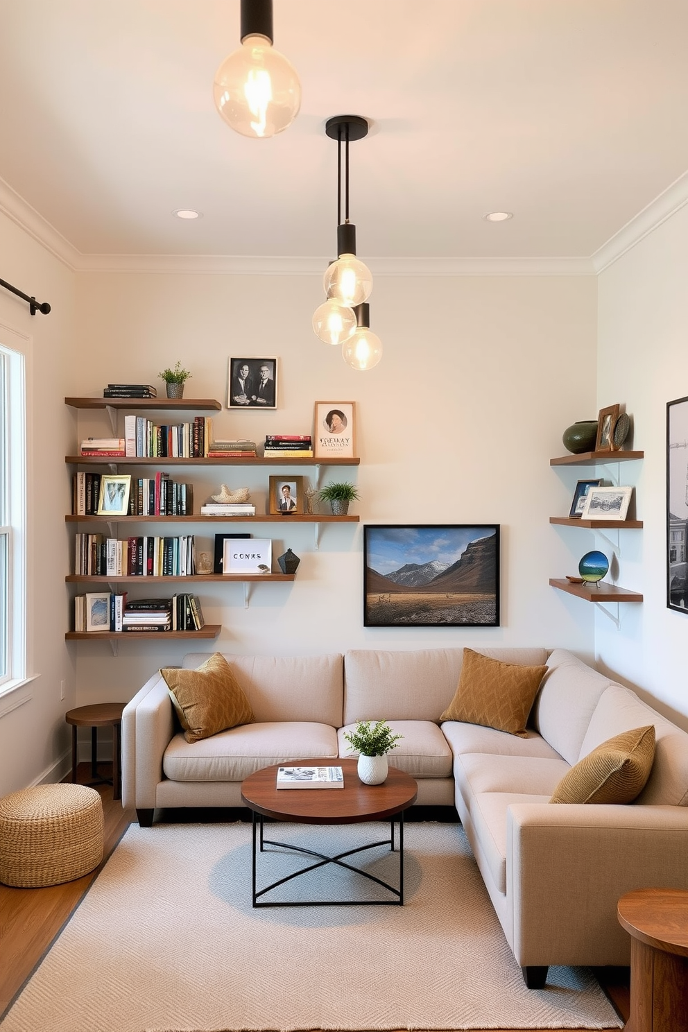 A cozy small family room featuring floating shelves mounted on the walls for extra storage space. The shelves are filled with books and decorative items, creating a personalized and inviting atmosphere. The seating area includes a plush sectional sofa in a soft fabric, complemented by a stylish coffee table. Warm lighting fixtures hang from the ceiling, enhancing the room's comfort and charm.