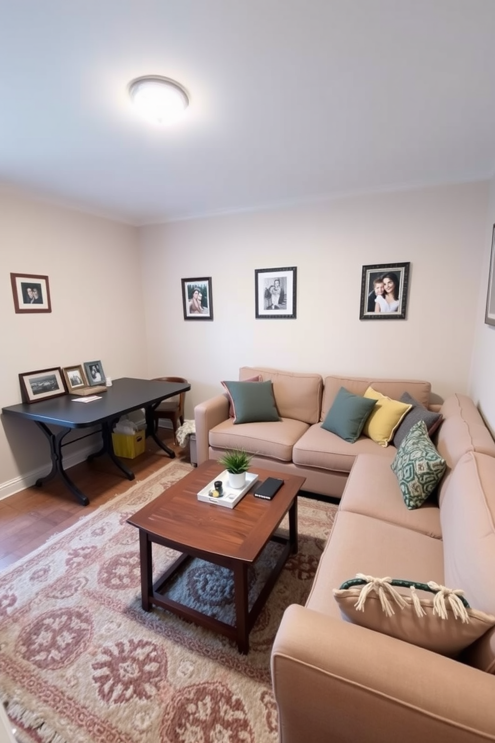 A cozy small family room featuring a foldable dining table that can be easily stored when not in use. The room is adorned with soft, neutral-toned walls and a plush area rug that adds warmth to the space. A comfortable sofa is positioned against one wall, complemented by colorful throw pillows. A stylish coffee table sits in front of the sofa, and a few framed photographs decorate the walls, creating a welcoming atmosphere for family gatherings.