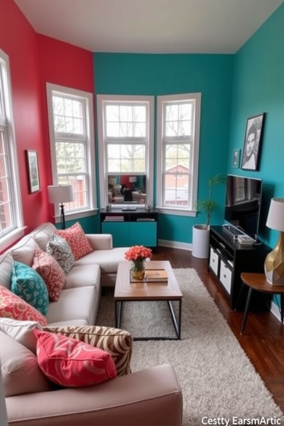 A small family room with a bright accent wall in a vibrant color such as teal or coral. The room features a cozy sectional sofa adorned with colorful throw pillows, complemented by a stylish coffee table at the center. In one corner, a compact entertainment unit holds a flat-screen TV and decorative books. Large windows allow natural light to flood the space, while a soft area rug anchors the seating arrangement.