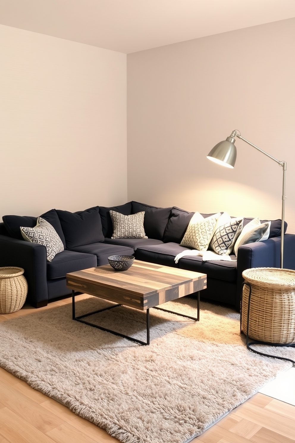 A cozy small family room that combines various textures for visual interest. The walls are adorned with a soft beige fabric, while a plush area rug in muted tones anchors the seating area. A comfortable sectional sofa in a rich navy blue is complemented by textured throw pillows in different patterns. A reclaimed wood coffee table sits at the center, surrounded by woven baskets for storage and a sleek metallic floor lamp for added warmth.