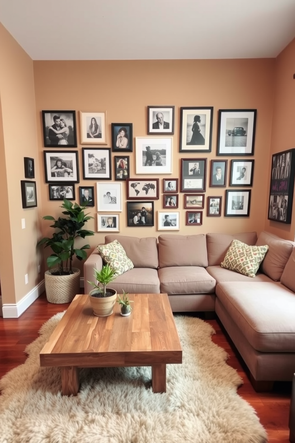 A cozy small family room featuring a gallery wall adorned with a mix of framed photographs and artwork that reflects personal memories. The room is furnished with a comfortable sectional sofa in a soft fabric, complemented by a rustic coffee table made of reclaimed wood. The walls are painted in a warm neutral tone, creating an inviting atmosphere. A plush area rug anchors the seating area, while a few potted plants add a touch of greenery to the space.