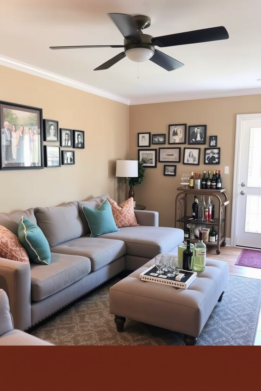 A cozy small family room designed for comfort and entertainment. The space features a plush sectional sofa in a soft gray fabric, complemented by colorful throw pillows and a stylish area rug. In one corner, a sleek bar cart is elegantly set up with an assortment of glassware and a selection of spirits. The walls are painted in a warm beige tone, while a gallery of family photos adds a personal touch to the decor.