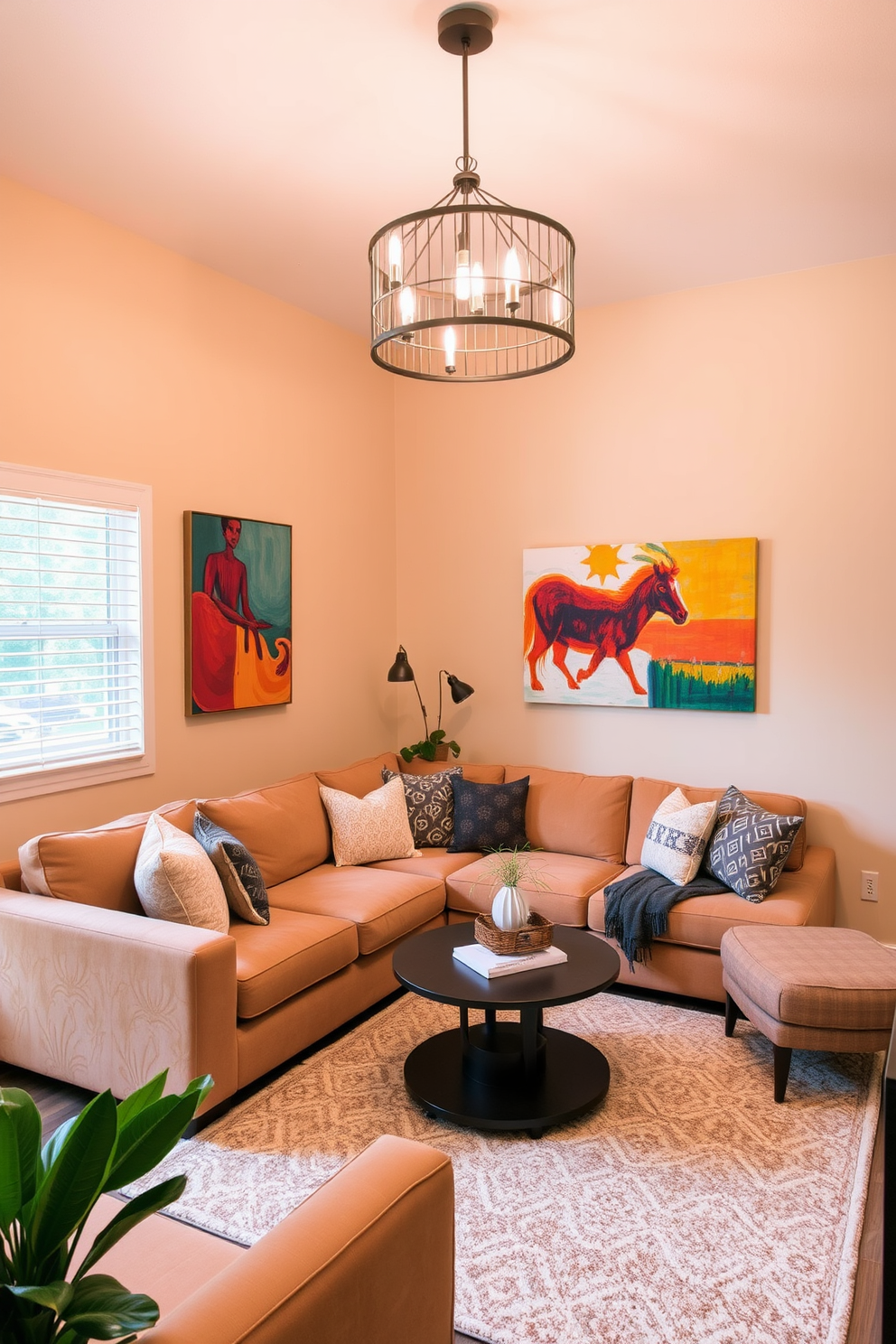 A cozy small family room designed for comfort and style. The room features a plush sectional sofa in a warm neutral tone, paired with a large area rug that adds texture to the space. Above the seating area, a statement light fixture with a modern design casts a warm glow. The walls are painted in a soft beige, complemented by colorful artwork that adds personality to the room.