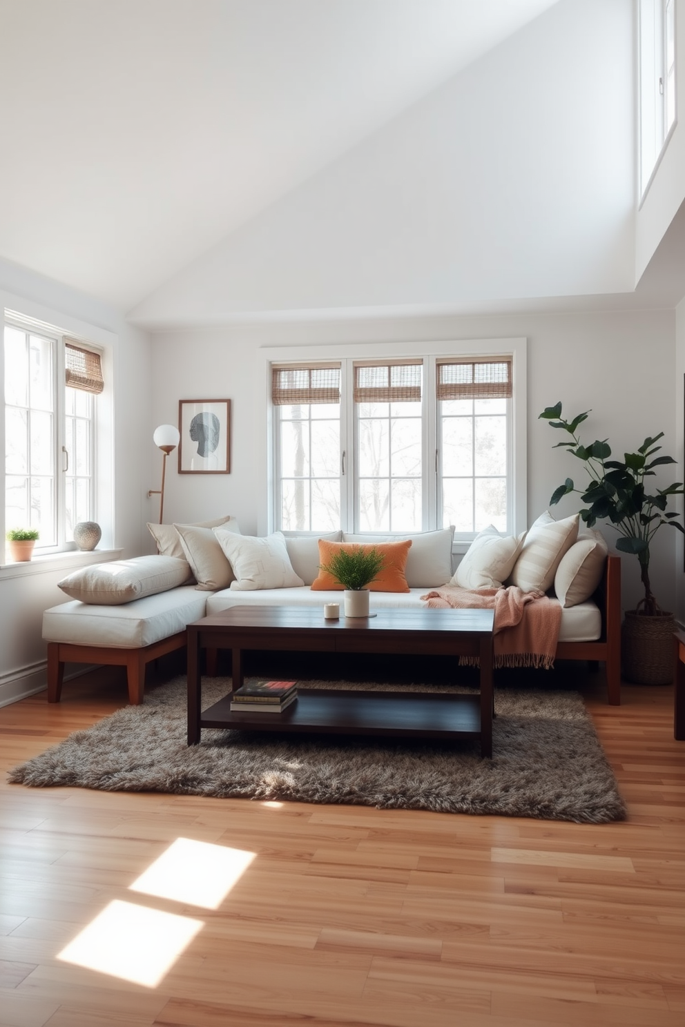 A cozy small family room featuring a versatile daybed that serves as both seating and a sleeping area. The space is adorned with soft throw pillows and a warm blanket, creating an inviting atmosphere for relaxation. Natural light floods the room through large windows, highlighting the light-colored walls and wooden flooring. A stylish coffee table sits in the center, surrounded by a plush area rug that adds texture and warmth to the design.