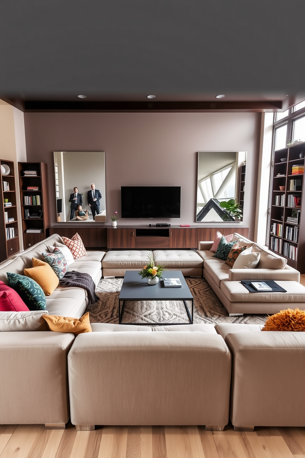 A cozy family room designed for comfort and functionality. The space features a large sectional sofa in a neutral tone, accented with colorful throw pillows, and a sleek coffee table at the center. Mirrors are strategically placed on the walls to enhance the sense of openness. A soft area rug anchors the seating arrangement, while tall bookshelves flank either side of a modern entertainment unit.