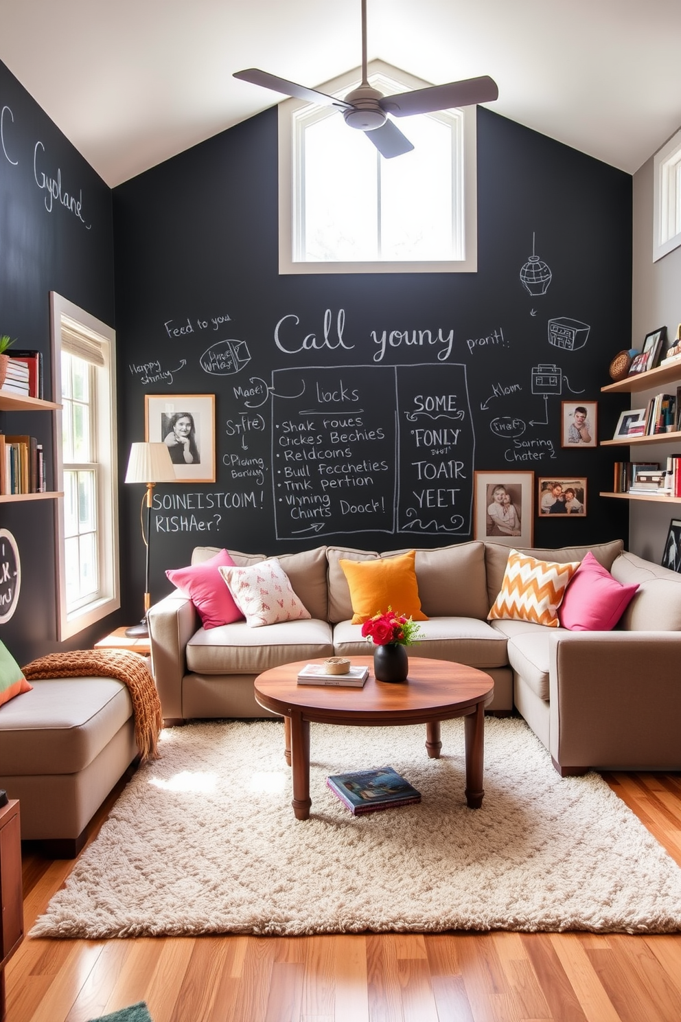 A cozy small family room featuring a chalkboard wall that invites creativity and interaction. The room includes a comfortable sectional sofa adorned with colorful throw pillows, a round coffee table in the center, and a soft area rug that adds warmth to the space. Natural light pours in through large windows, illuminating the room's playful decor. Shelves filled with books and family photos line the walls, creating a welcoming atmosphere for family gatherings.