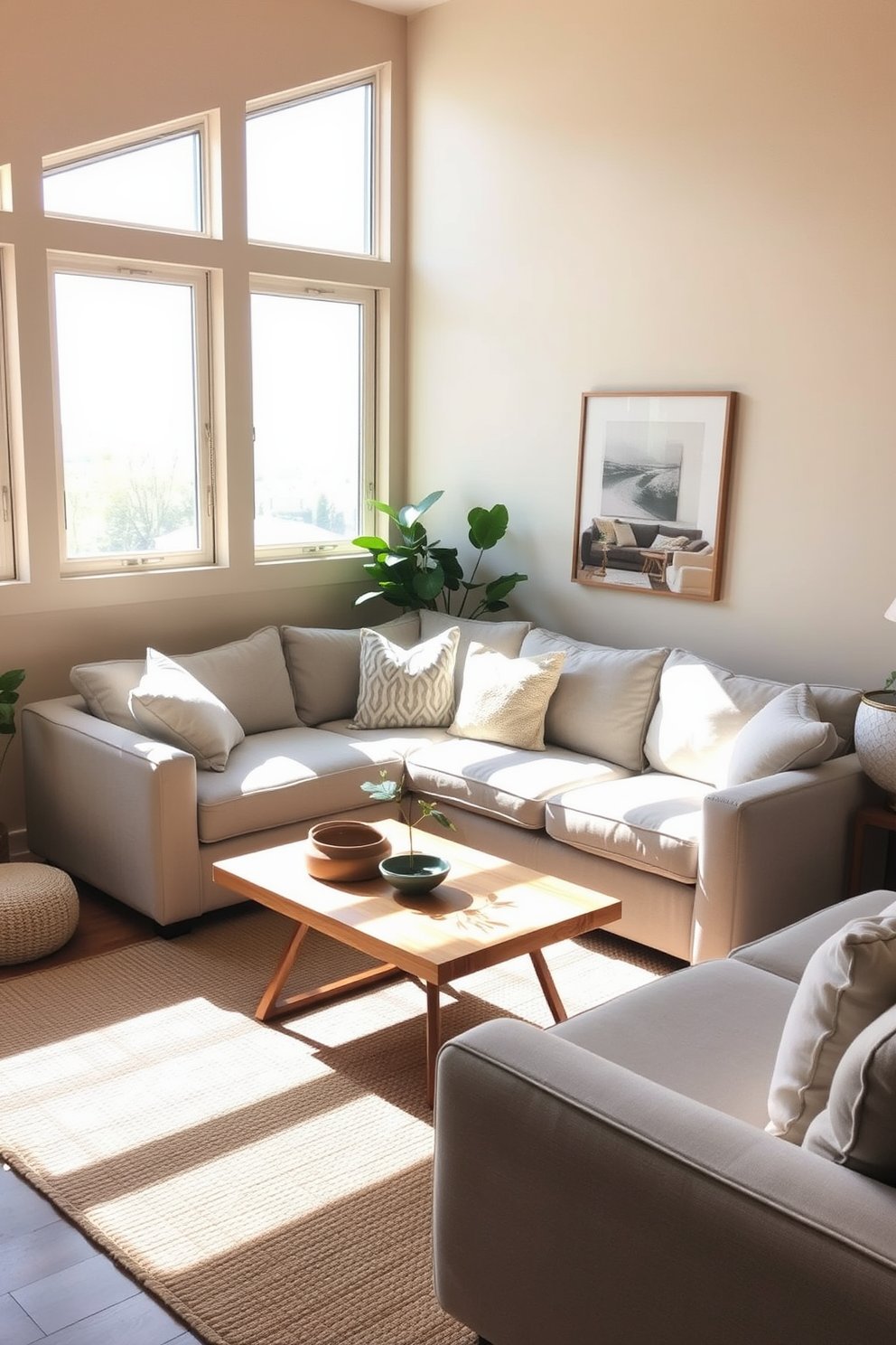 A cozy small family room with neutral colors that enhance natural light. The walls are painted in a soft beige, and large windows allow sunlight to flood the space, creating a warm and inviting atmosphere. A comfortable sectional sofa in light gray is positioned to face a minimalist coffee table made of natural wood. Accent pillows in various textures add subtle pops of color, while a woven area rug anchors the seating area.