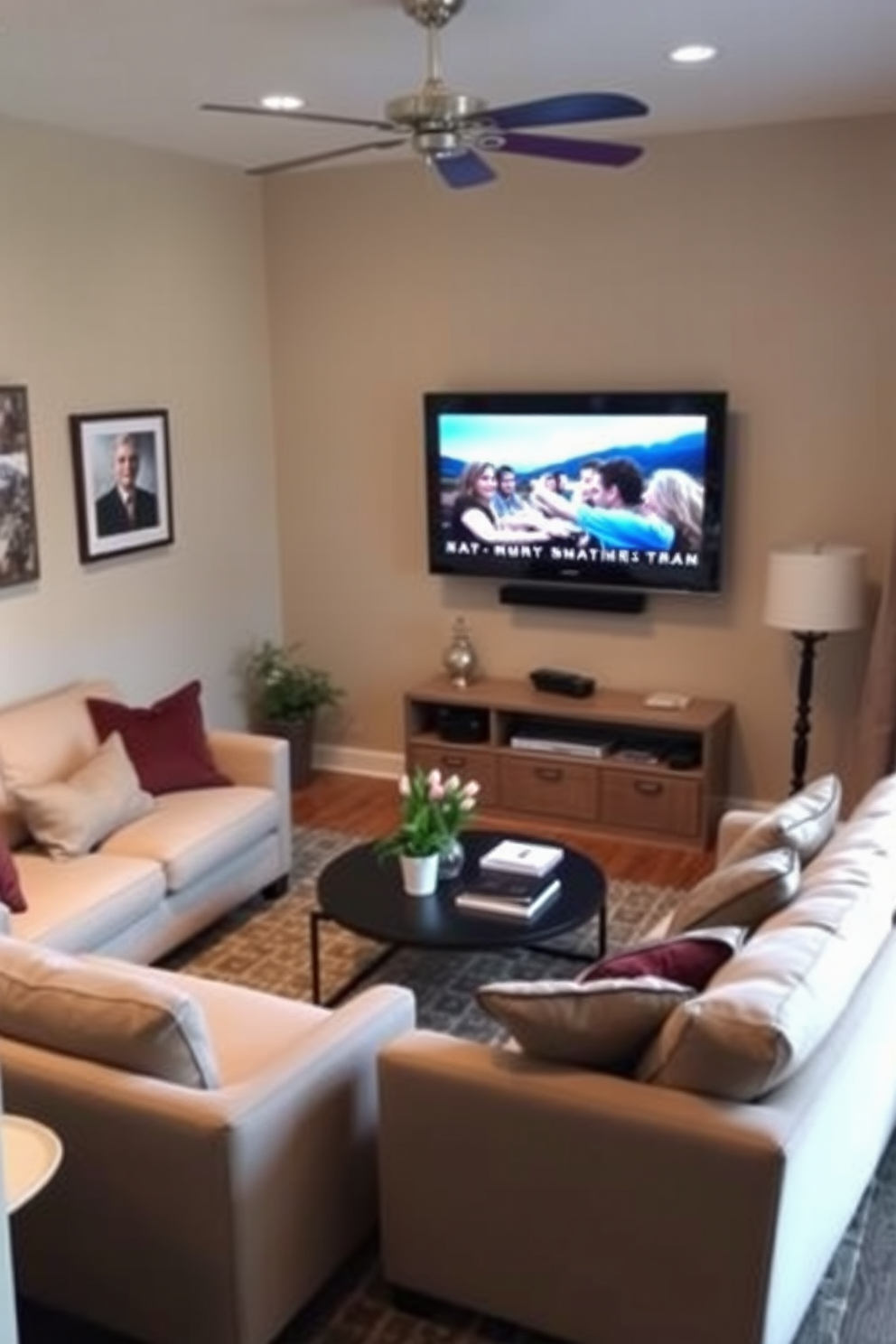 A cozy small family room features a wall-mounted TV that enhances the space without taking up valuable floor area. The seating arrangement includes a plush sectional sofa and a stylish coffee table, creating an inviting atmosphere for family gatherings.