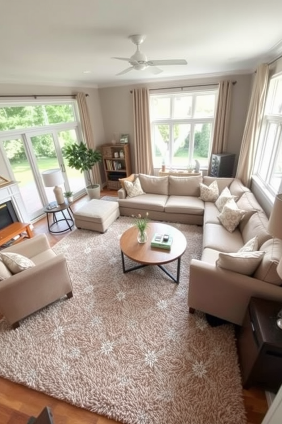 A cozy small family room featuring a plush area rug that defines the seating area. The rug is a soft neutral tone with subtle patterns, complementing the surrounding furniture. In the center, a comfortable sectional sofa is arranged around a coffee table, creating an inviting space for relaxation. Large windows allow natural light to flood in, enhancing the warm atmosphere of the room.