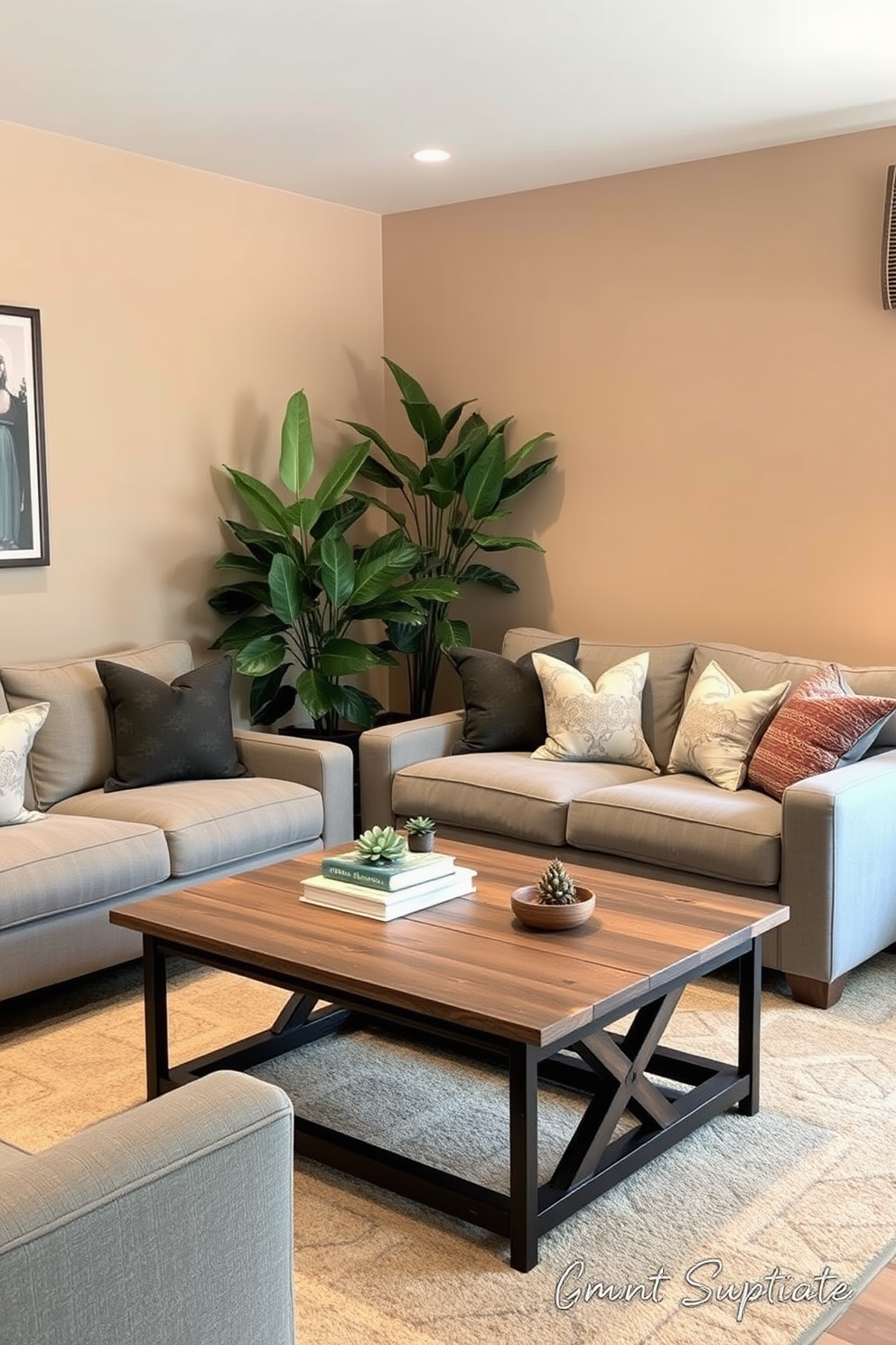 A cozy small family room featuring a comfortable sectional sofa in a soft gray fabric. A large potted plant sits in the corner, adding a vibrant green touch to the space. The walls are painted in a warm beige tone, creating an inviting atmosphere. A wooden coffee table with a rustic finish is placed in the center, adorned with a few decorative books and a small succulent.