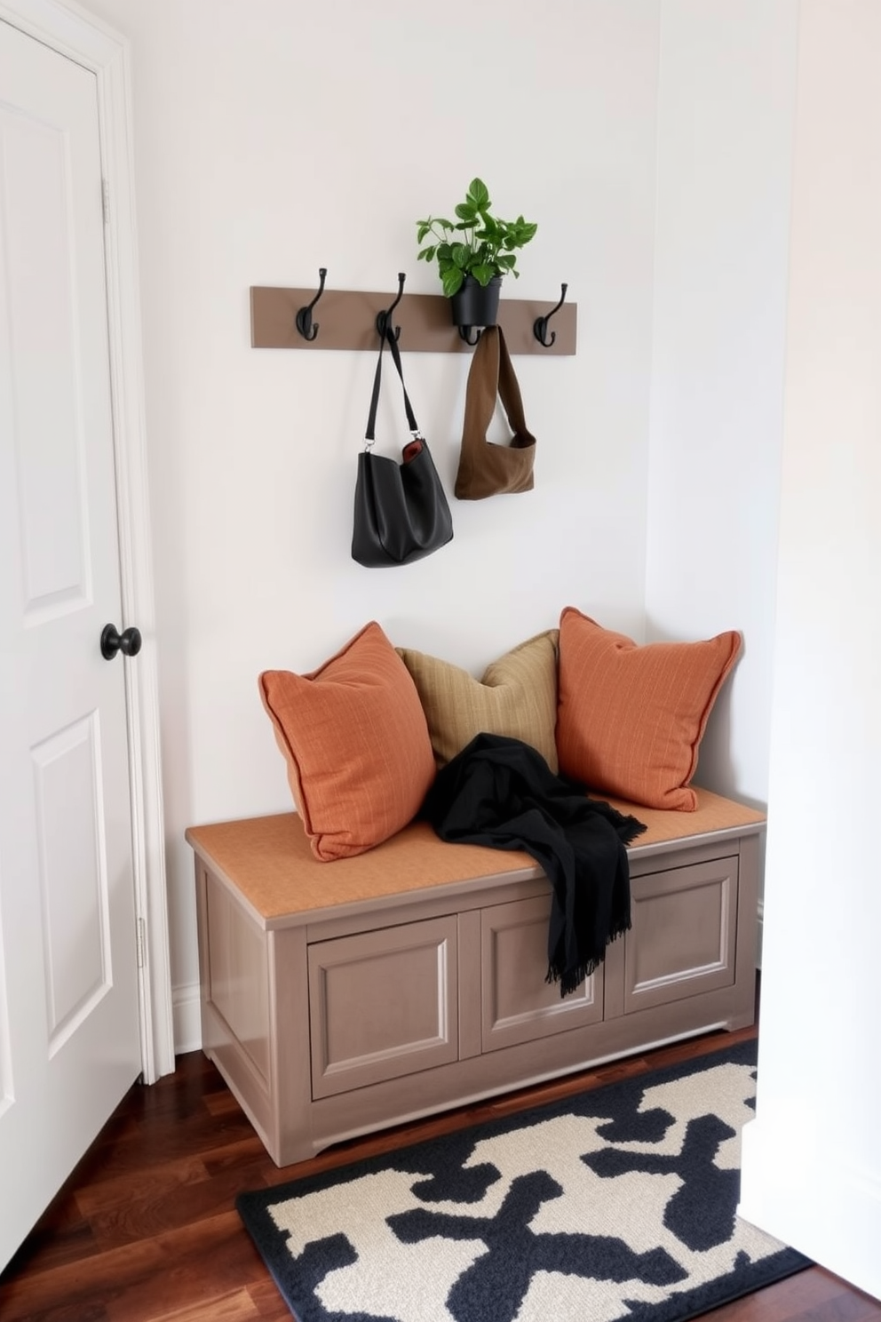 A cozy bench with storage is positioned against the wall in the small foyer, featuring soft cushions in a warm fabric. Above the bench, a series of hooks are mounted for hanging coats and bags, while a small potted plant adds a touch of greenery. The walls are painted in a light, welcoming color, enhancing the sense of space. A stylish area rug lies beneath the bench, providing comfort and defining the entryway area.