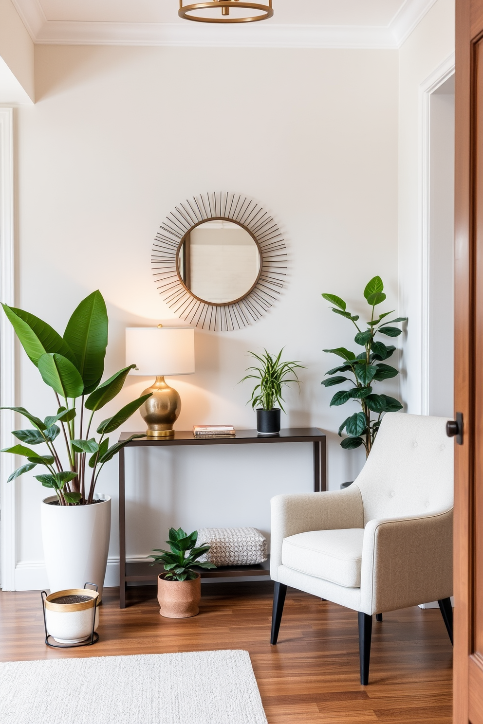 A charming foyer with a warm welcome. The space features a sleek console table against the wall, adorned with a stylish lamp and a decorative mirror above it. To the side, a cozy armchair invites guests to sit. Potted plants in varying heights are placed strategically to add freshness and life to the area.