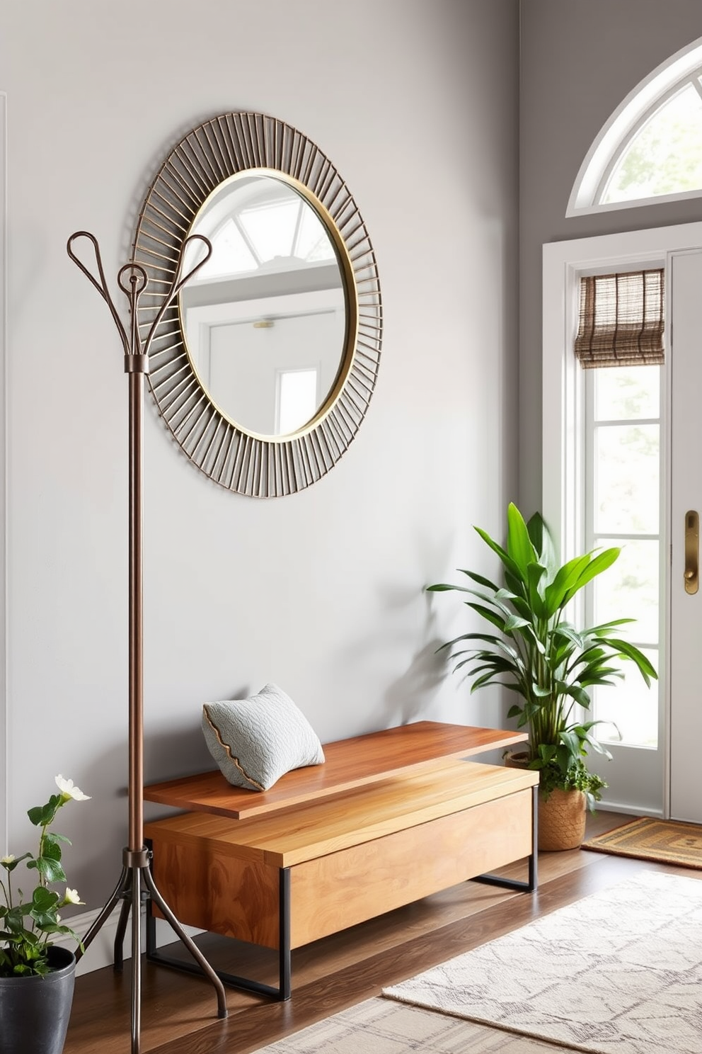 A stylish coat rack stands prominently in the foyer, made of sleek metal with a modern design. The walls are painted in a soft gray, complemented by a warm wooden bench that invites guests to sit and remove their shoes. A decorative mirror hangs above the coat rack, reflecting natural light and making the space feel larger. Potted plants in the corners add a touch of greenery, enhancing the welcoming atmosphere of the entryway.