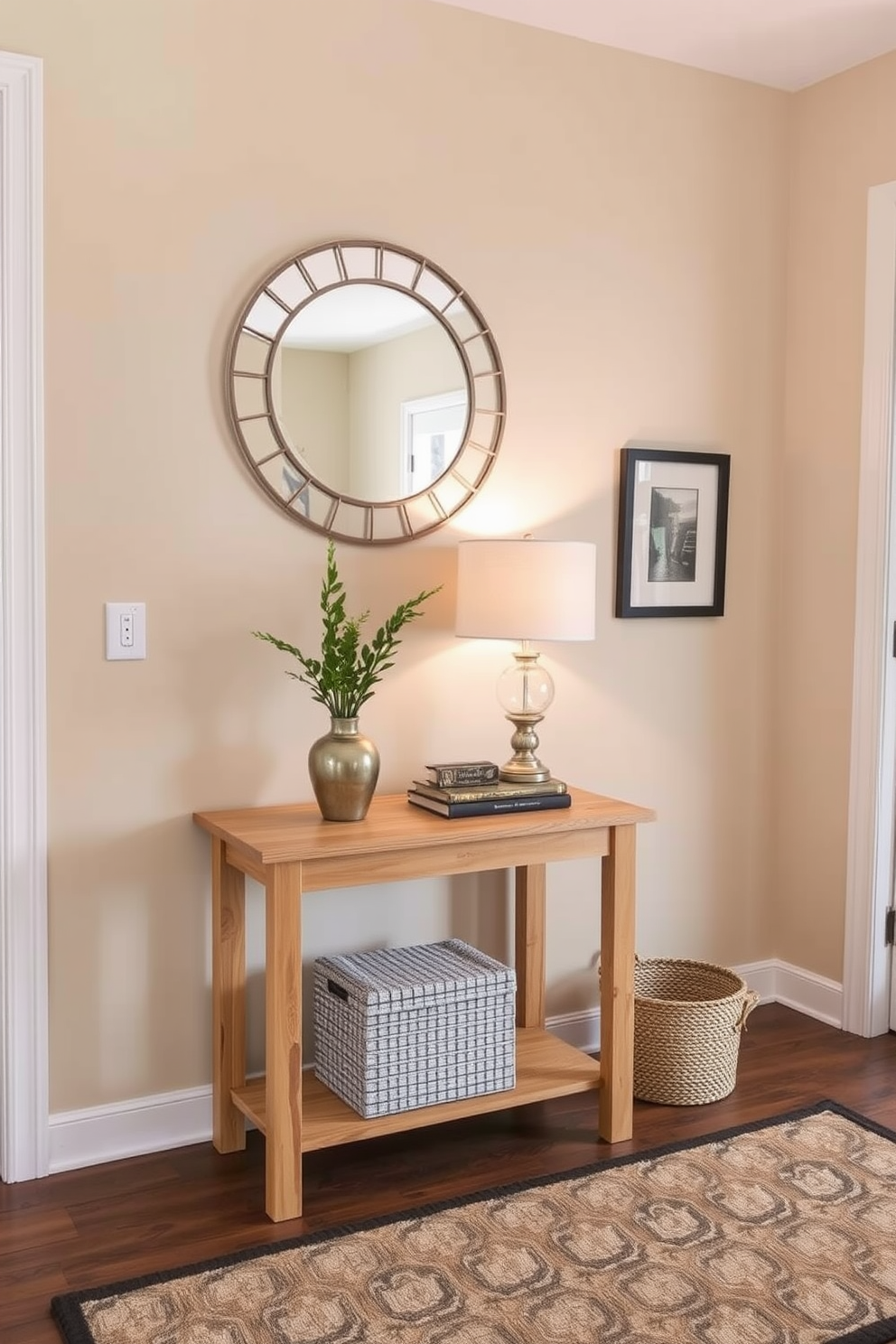 A welcoming foyer design featuring a small side table made of light wood. The table is adorned with a decorative lamp and a small potted plant, creating a warm and inviting atmosphere. The walls are painted in a soft beige tone, complemented by a stylish mirror above the table. A patterned area rug adds texture and warmth to the space, while a few framed art pieces enhance the overall aesthetic.