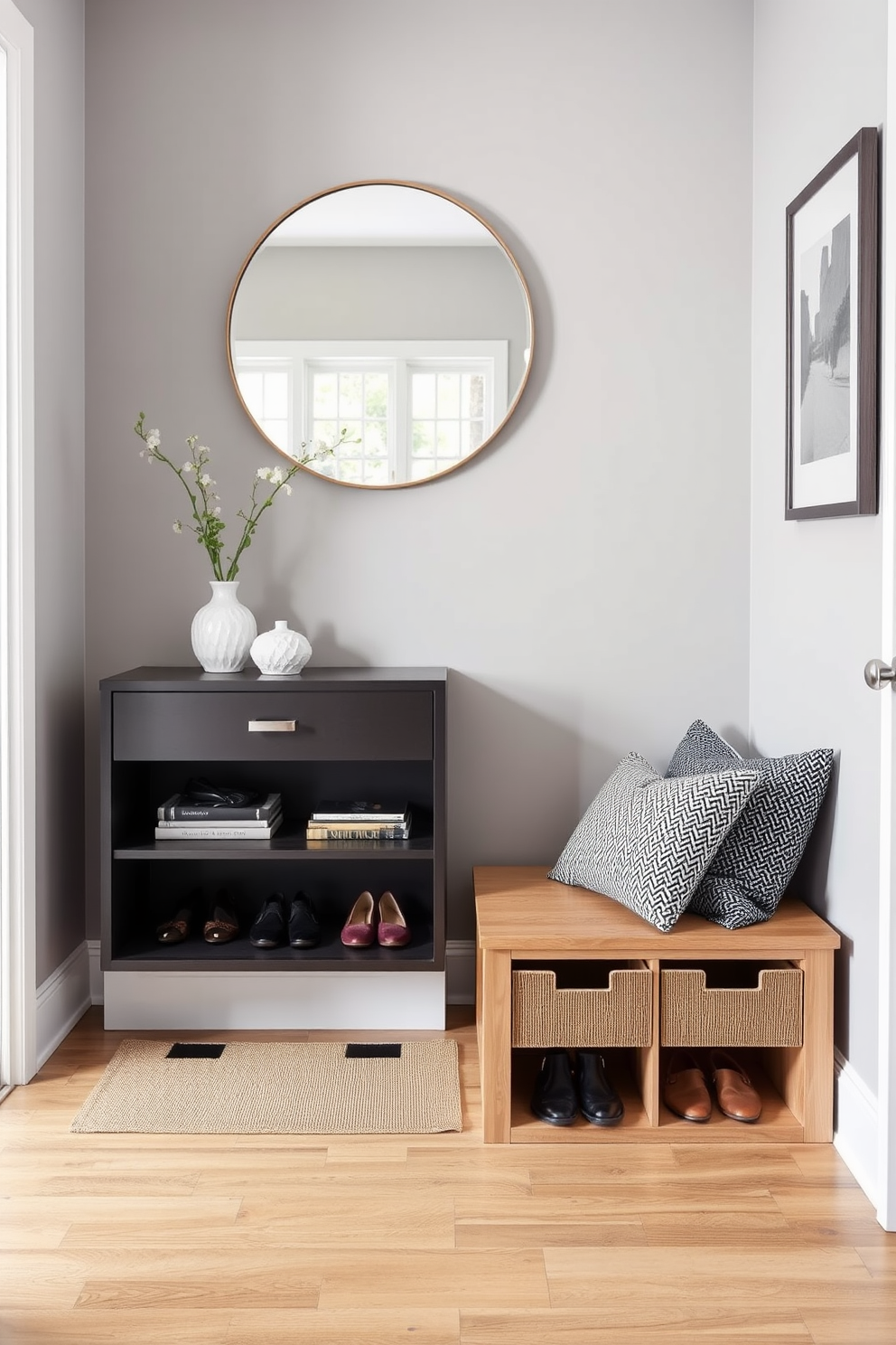 A small foyer features a sleek console table with built-in storage and a round mirror above it. A cozy bench with hidden compartments is placed against the wall, providing seating and additional storage for shoes and bags.