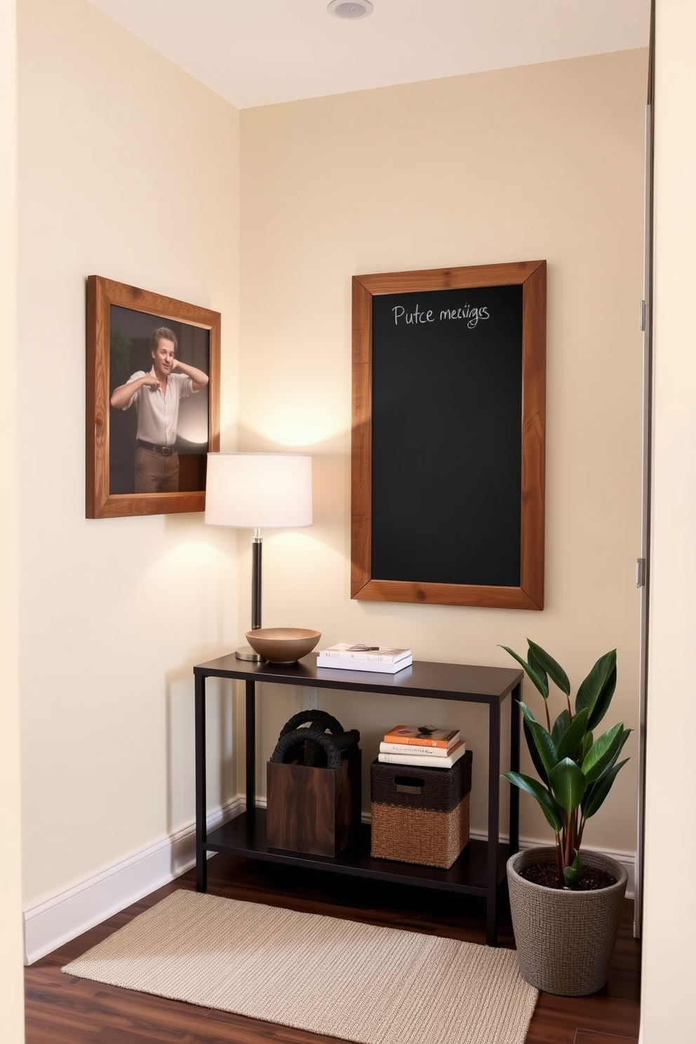 A small foyer features a sleek console table against the wall, adorned with a stylish lamp and a decorative bowl for keys. To the side, a chalkboard is mounted for messages, framed in a rustic wood finish that complements the warm color palette. The walls are painted in a soft cream hue, providing a bright and welcoming atmosphere. A small area rug in muted tones adds texture underfoot, while a potted plant in the corner brings a touch of greenery to the space.