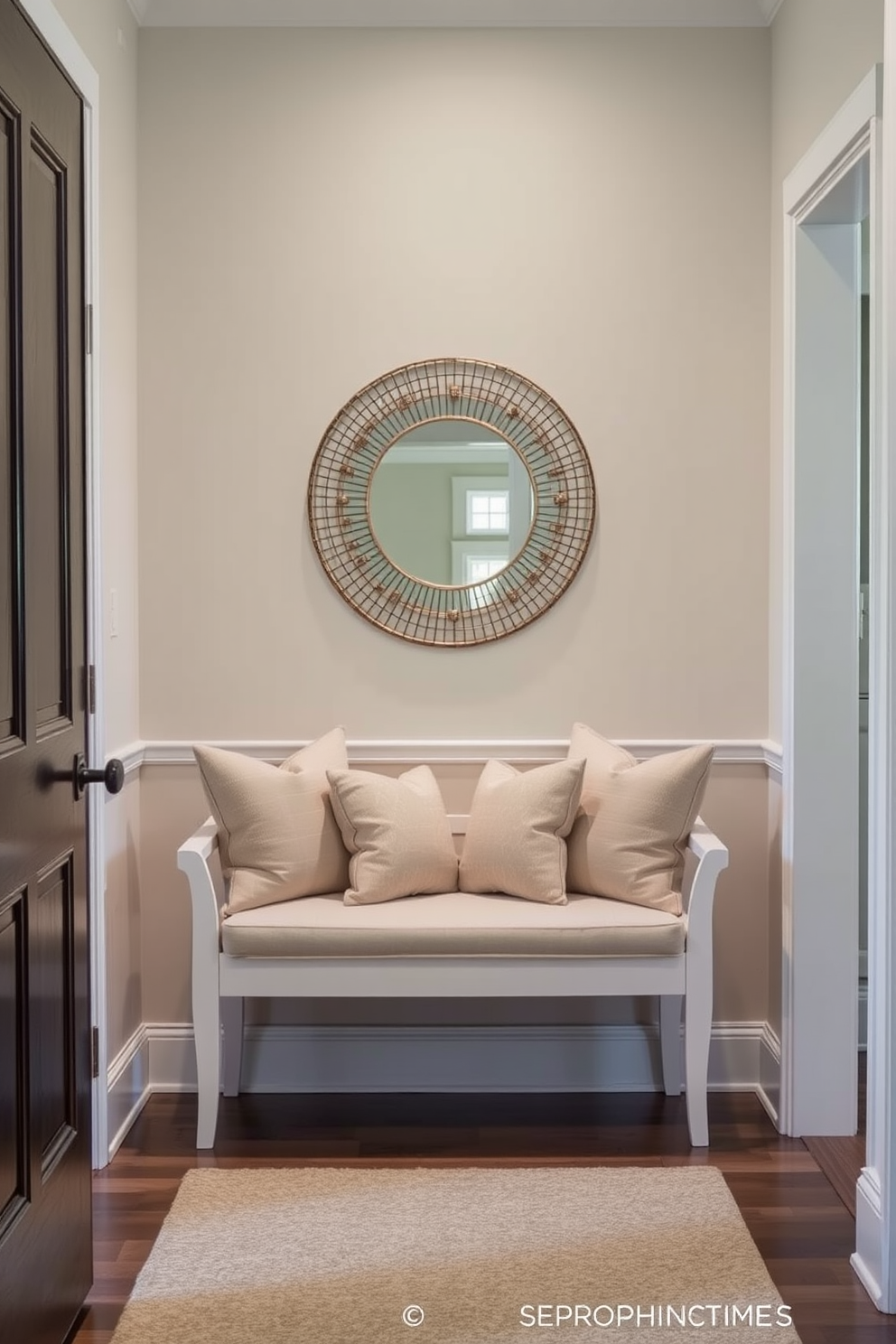 A stylish foyer features a small bench adorned with plush cushions, inviting guests to sit and relax. The walls are painted in a soft neutral tone, and a decorative mirror hangs above the bench, enhancing the sense of space and light.