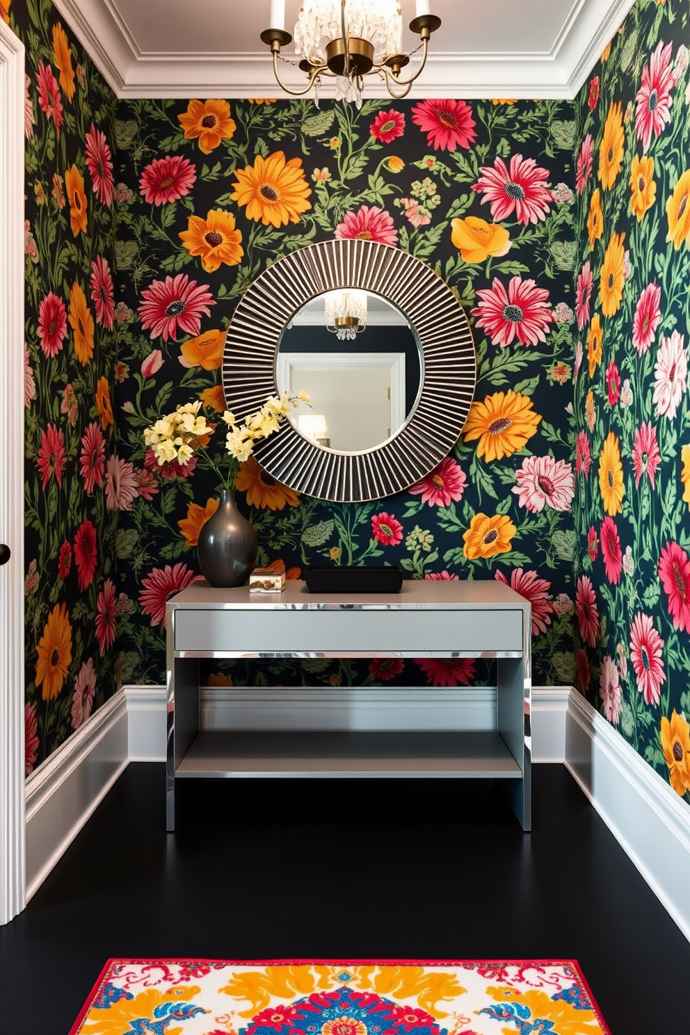 A small foyer featuring a bold floral wallpaper that creates a striking first impression. The space includes a sleek console table with a decorative mirror above it, complemented by a vibrant area rug that adds warmth and texture.