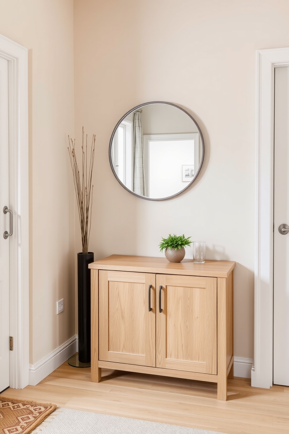 A stylish foyer featuring a small sideboard for storage. The sideboard is finished in a light oak wood, complementing the soft beige walls and providing a warm welcome. On the opposite wall, a round mirror adds depth and reflects natural light. A small potted plant sits atop the sideboard, enhancing the inviting atmosphere of the space.