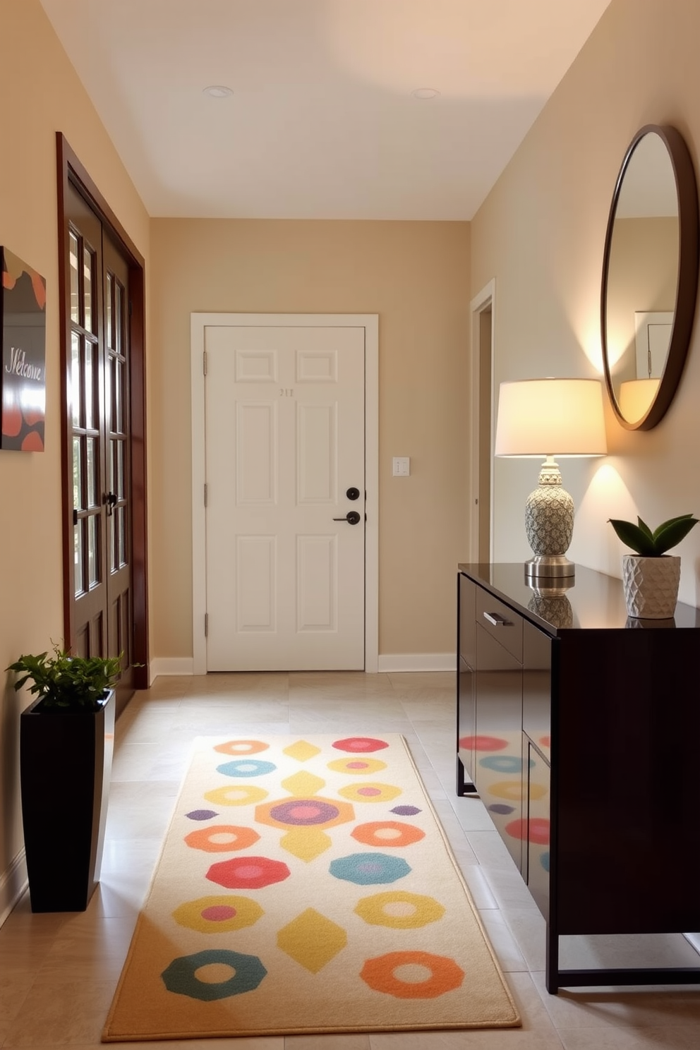 A charming foyer with a welcoming atmosphere. The space features a colorful welcome mat that adds a touch of personality and warmth. To the right, a sleek console table holds a decorative lamp and a small potted plant. The walls are painted in a soft beige, and a round mirror hangs above the table, reflecting natural light.