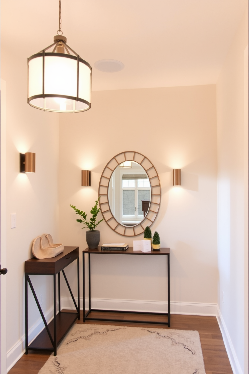 A small foyer with layered lighting features a stylish pendant light hanging from the ceiling, casting a warm glow over the space. Wall sconces on either side of a decorative mirror provide additional illumination, enhancing the inviting atmosphere. The walls are painted in a soft neutral tone, and a slim console table is positioned against one side, adorned with a small plant and decorative items. A cozy area rug lies beneath, adding texture and warmth to the entrance.