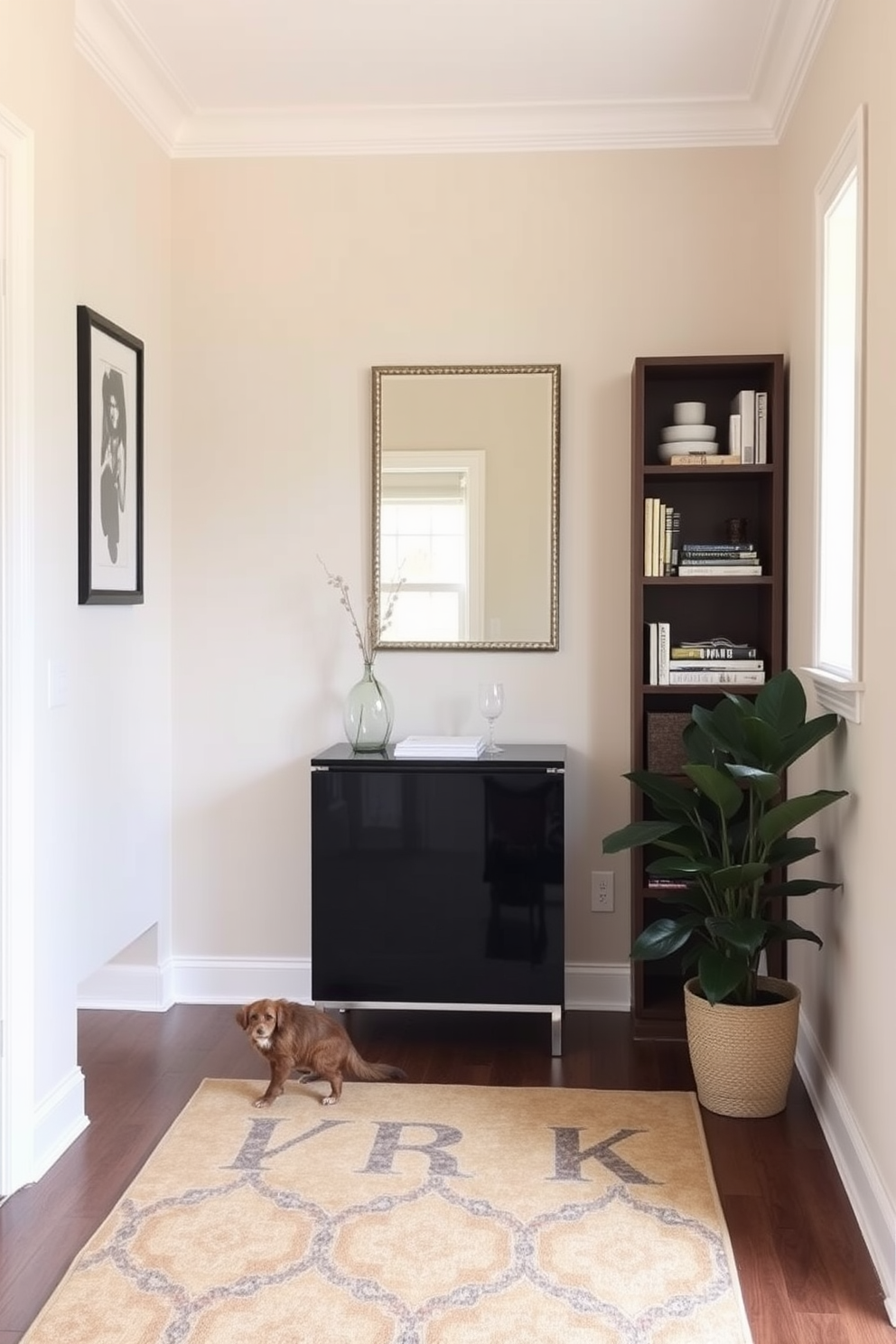 A small foyer featuring a sleek console table against the wall with a decorative mirror above it. To the side, a small bookshelf is filled with curated decor items and books, adding a touch of personality to the space. The walls are painted in a soft, inviting color, and a stylish rug lies underfoot to enhance the warmth of the entryway. A potted plant sits in the corner, bringing life and freshness to the foyer.